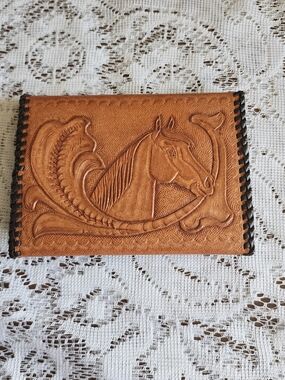Source Unknown Hand-Tooled Leather Wallet with Horse Motif - Brown